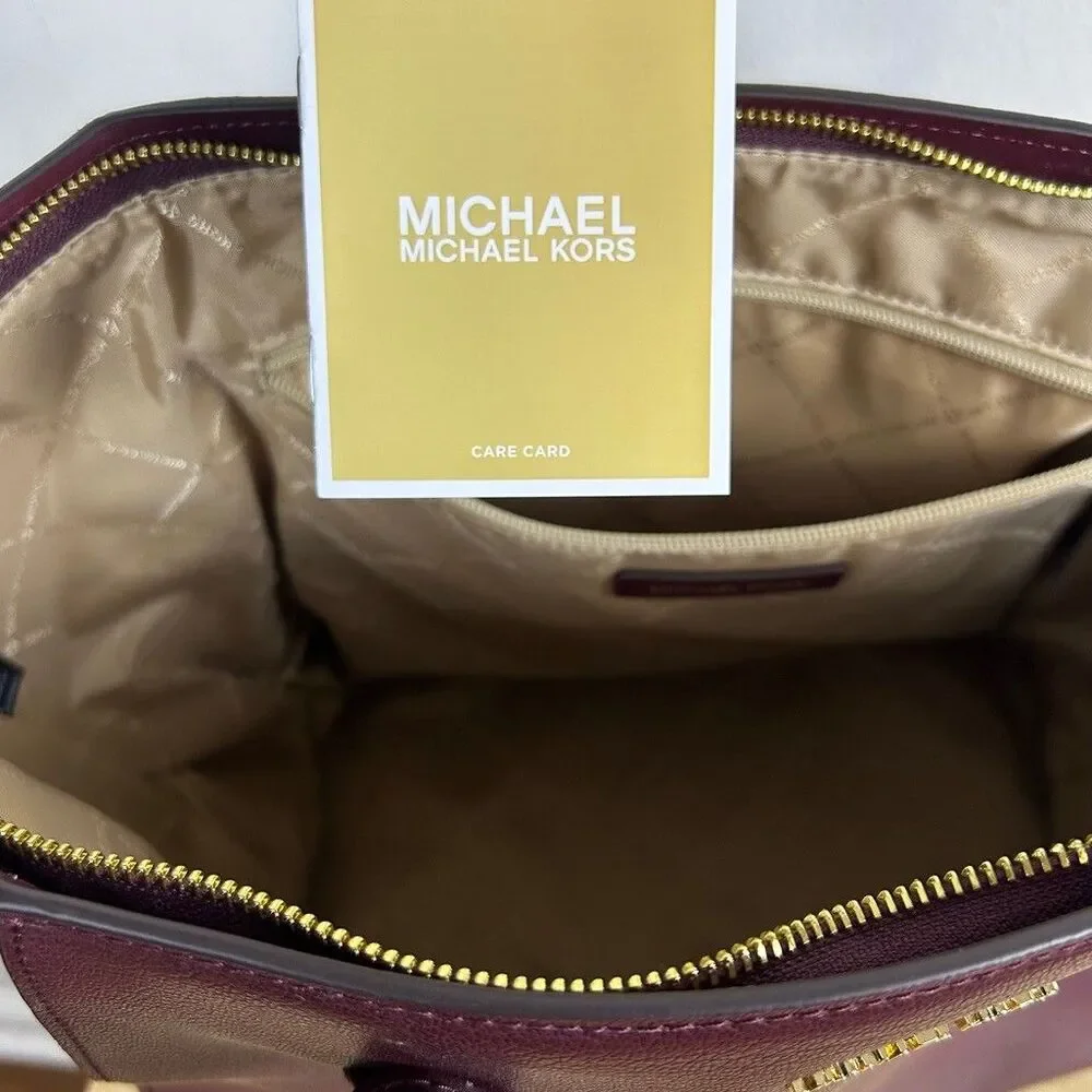 Michael Kors Tote Bag Womens Burgundy Pebbled Leather Suede Gold Hardware